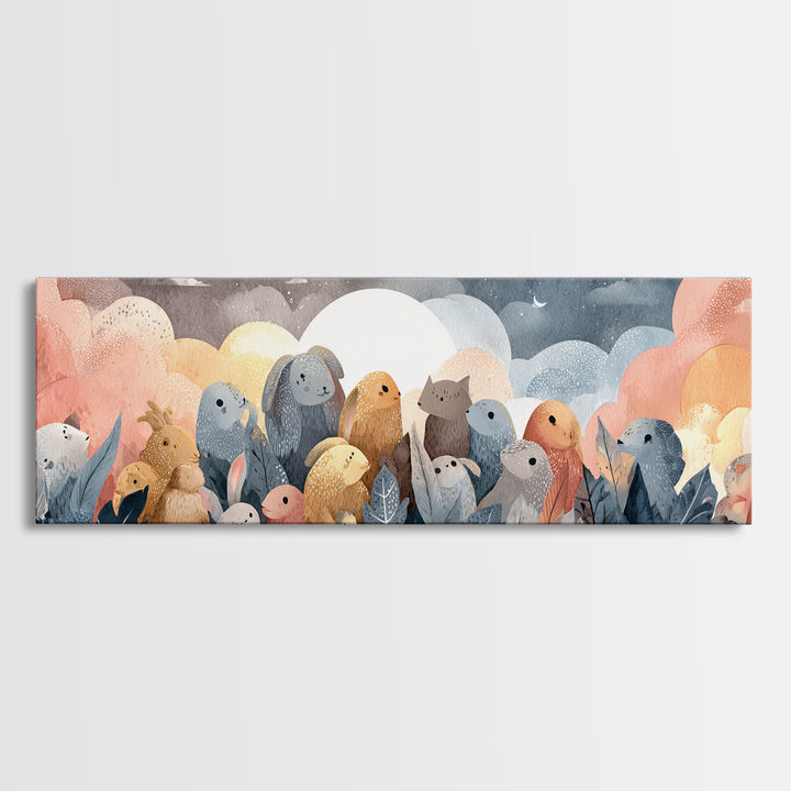 Woodland Animal Parade Framed Canvas Print, Nursery Decor, Nursery Name Sign, Fine Art, Nursery, Luxury Decor, Room Decor, NDE-3x1-90
