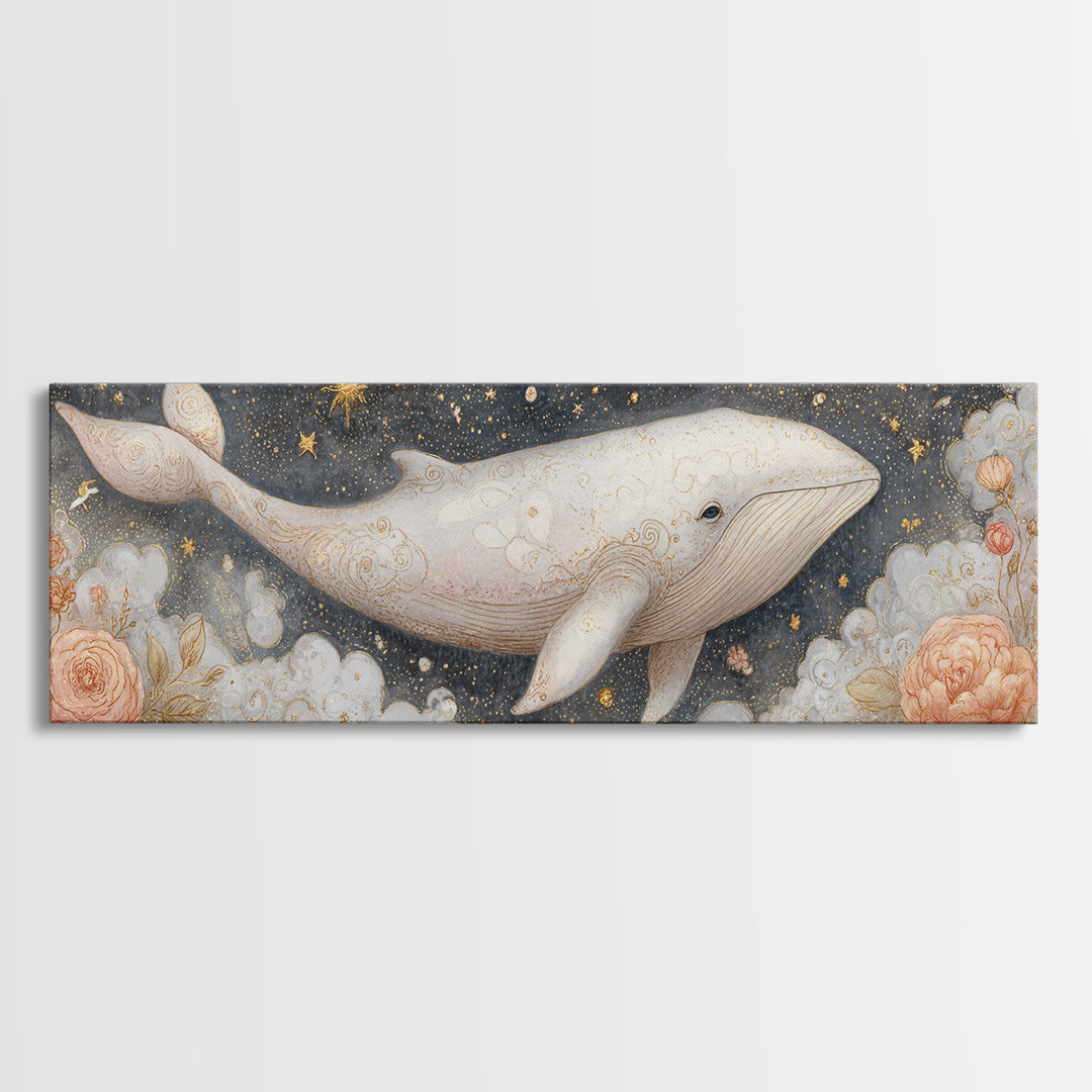 Baby Whale Swimming Through Stars Canvas Print, Nursery Decor, Textured Painting, Fine Art, Nursery, Bedroom Decor, Wall Decal, NDE-3x1-96