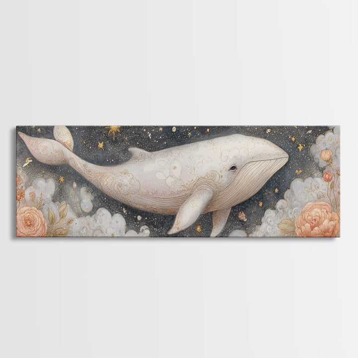 Baby Whale Swimming Through Stars Canvas Print, Nursery Decor, Textured Painting, Fine Art, Nursery, Bedroom Decor, Wall Decal, NDE-3x1-96