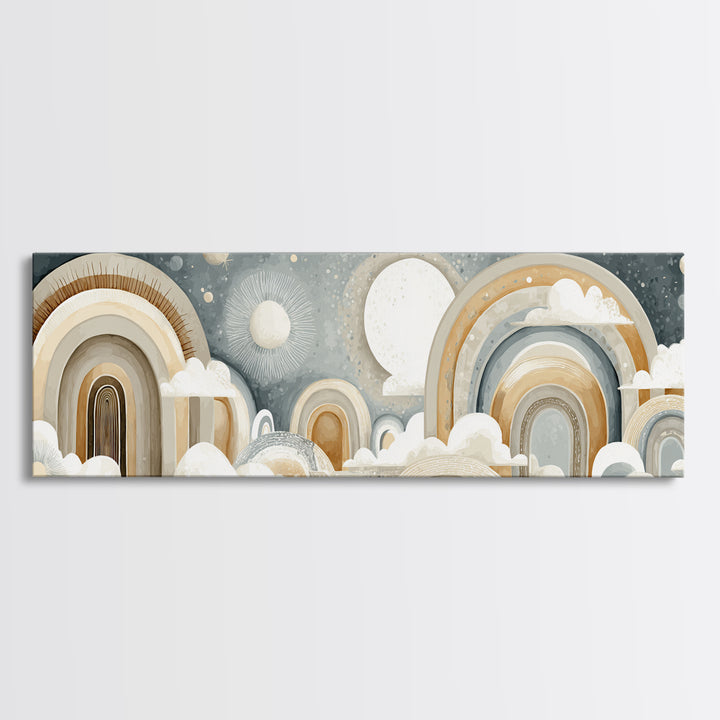 Neutral Boho Sun and Arch Shapes Framed Canvas Print, Nursery Decor, Framed Wall Art, Fine Art, Nursery, Safari Nursery Decor, NDE-3x1-99