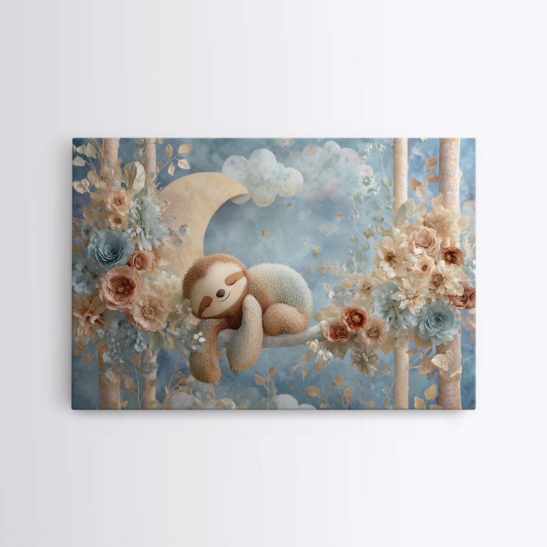 Sleepy Sloth Hanging from Branch Framed Canvas Print, Nursery Decor, Playroom Decor, Oil Painting, Nursery, Boy Nursery Decor, NDE-3x2-10