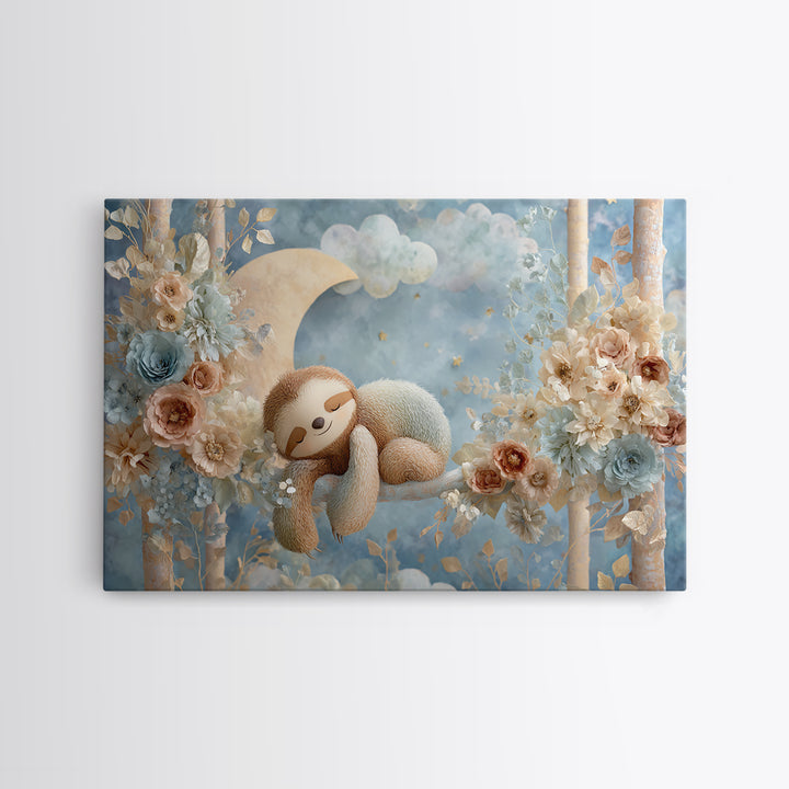 Sleepy Sloth Hanging from Branch Framed Canvas Print, Nursery Decor, Playroom Decor, Oil Painting, Nursery, Boy Nursery Decor, NDE-3x2-10