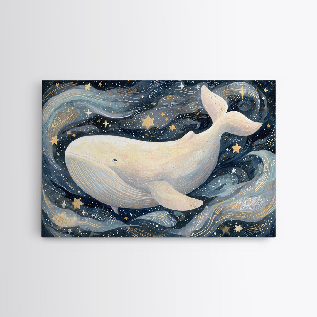 Baby Whale Swimming Through Stars Canvas Print, Nursery Decor, Wall Light, Fine Art, Nursery, Statement Artwork, Boho Decor, NDE-3x2-12