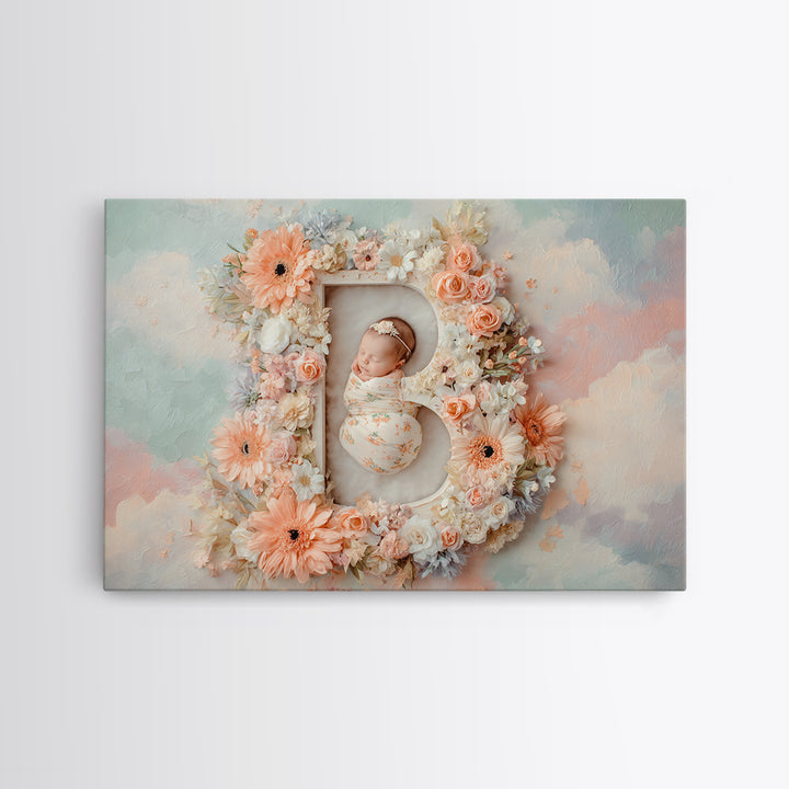 Soft Floral Initial Frame Without Letters Framed Canvas Print, Nursery Decor, Nursery Wall Decor, Oil Painting, Nursery, NDE-3x2-14