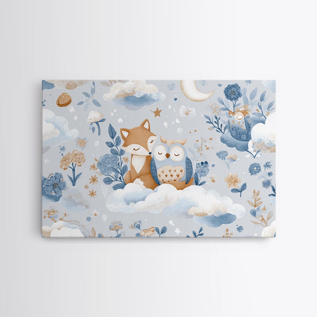Fox and Owl Friends Framed Canvas Print, Nursery Decor, Nursery Art, Fine Art, Nursery, Kids Wall Art, Nursery Wall Decals, NDE-3x2-18
