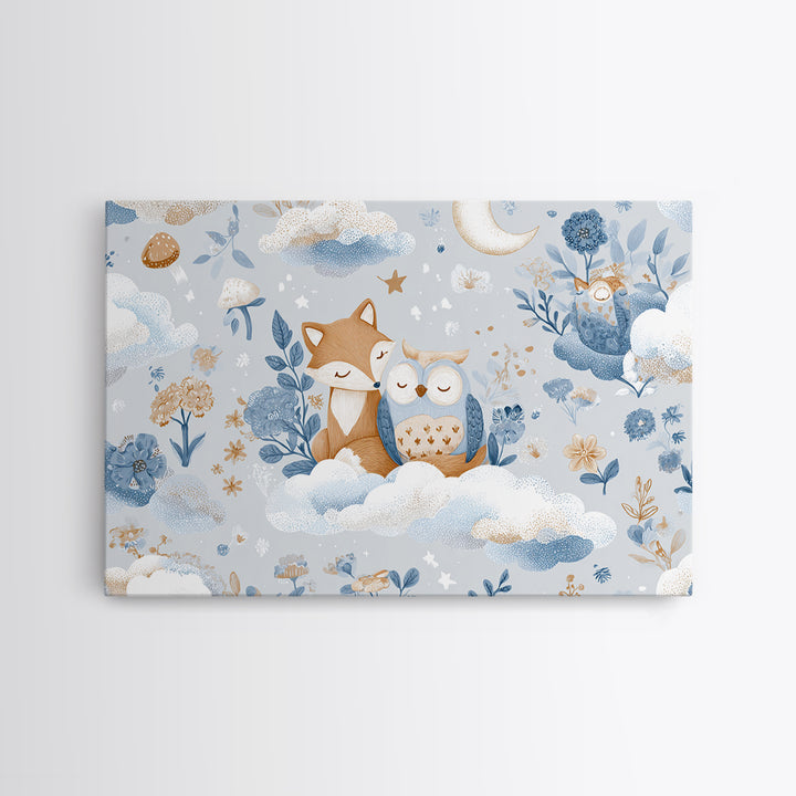Fox and Owl Friends Framed Canvas Print, Nursery Decor, Nursery Art, Fine Art, Nursery, Kids Wall Art, Nursery Wall Decals, NDE-3x2-18