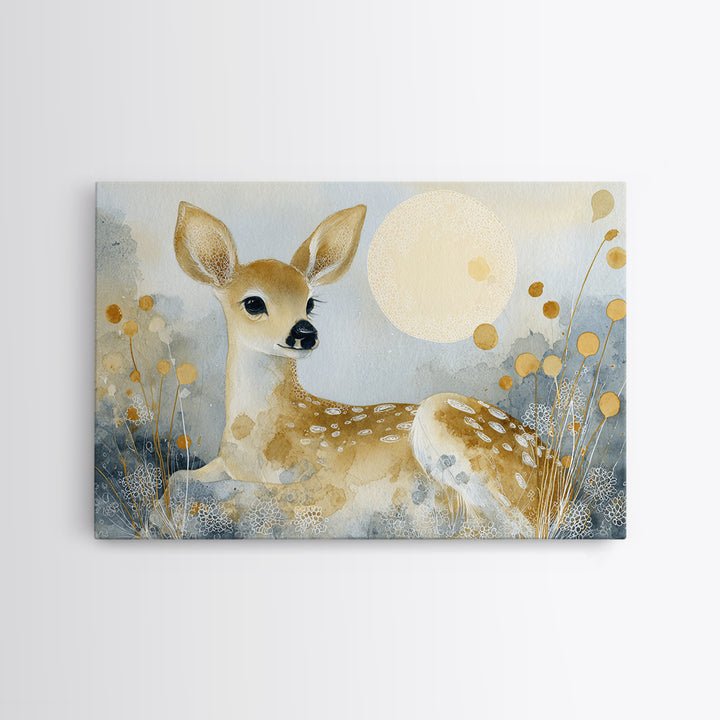Baby Deer in Meadow with Fireflies Framed Canvas Print, Nursery Decor, Wall Decal, Nursery, Wall Light, Girl Nursery Decor, NDE-3x2-2