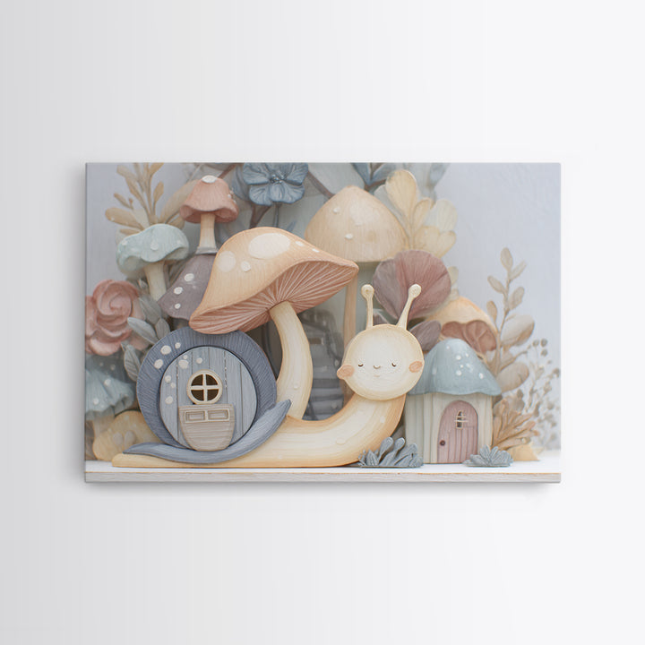 Garden Snail with Mushroom House Framed Canvas Print, Nursery Decor, Gallery Decor, Fine Art, Nursery, Wall Art, Home Decor, NDE-3x2-27
