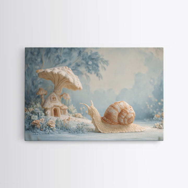 Garden Snail with Mushroom House Canvas Print, Nursery Decor, Nursery Name Sign, Fine Art, Nursery, Luxury Decor, Room Decor, NDE-3x2-3