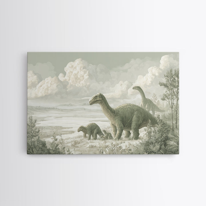 Gentle Dinosaur Family Framed Canvas Print, Nursery Decor, Room Decor, Fine Art, Nursery, Framed Wall Art, Bedroom Decor, NDE-3x2-35
