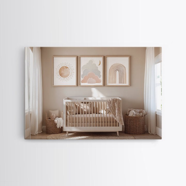 Neutral Boho Sun and Arch Shapes Framed Canvas Print, Nursery Decor, Contemporary Art, Abstract Art, Nursery, Wall Decals, NDE-3x2-39