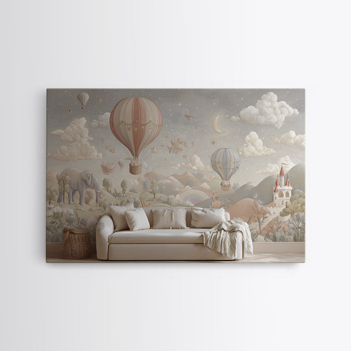 Hot Air Balloon Drifting Framed Canvas Print, Nursery Decor, Nursery Wall Decal, Oil Painting, Nursery, Minimalist Decor, NDE-3x2-40