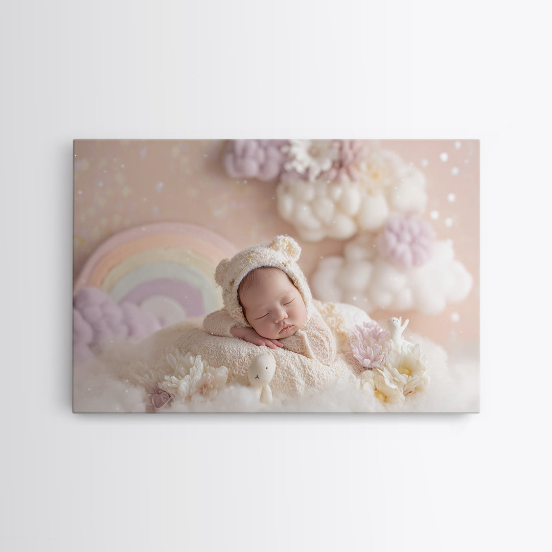 Cloud Rainbow and Raindrop Composition Canvas Print, Nursery Decor, Gallery Decor, Fine Art, Nursery, Wall Art, Home Decor, NDE-3x2-48