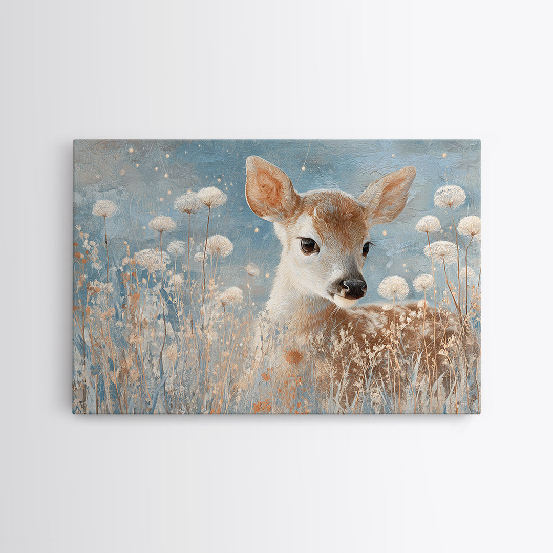 Baby Deer in Meadow with Fireflies Framed Canvas Print, Nursery Decor, Floral Wallpaper, Fine Art, Nursery, Fine Art Print, NDE-3x2-50