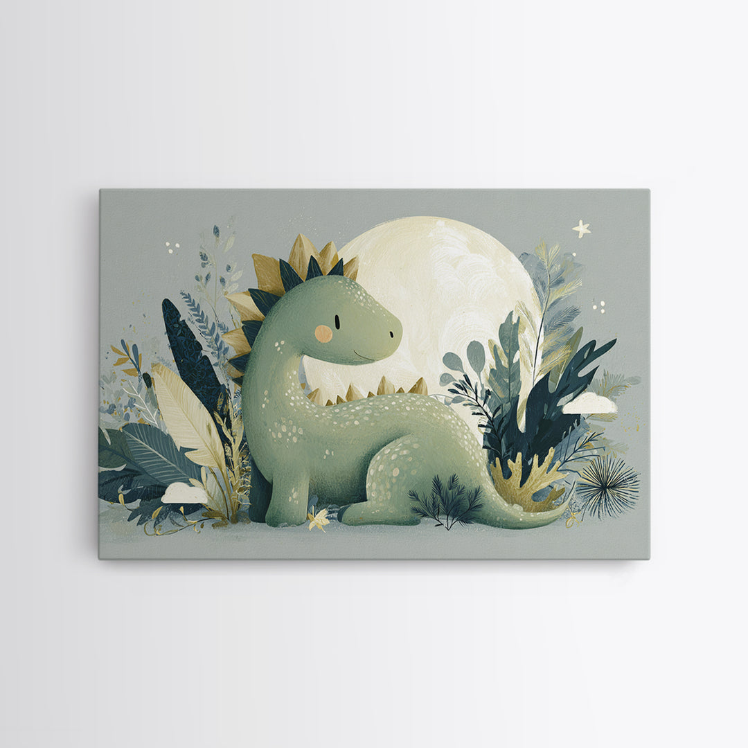 Gentle Dinosaur Family Framed Canvas Print, Nursery Decor, Nursery Wall Art, Oil Painting, Nursery, Botanical Wall Art, NDE-3x2-59