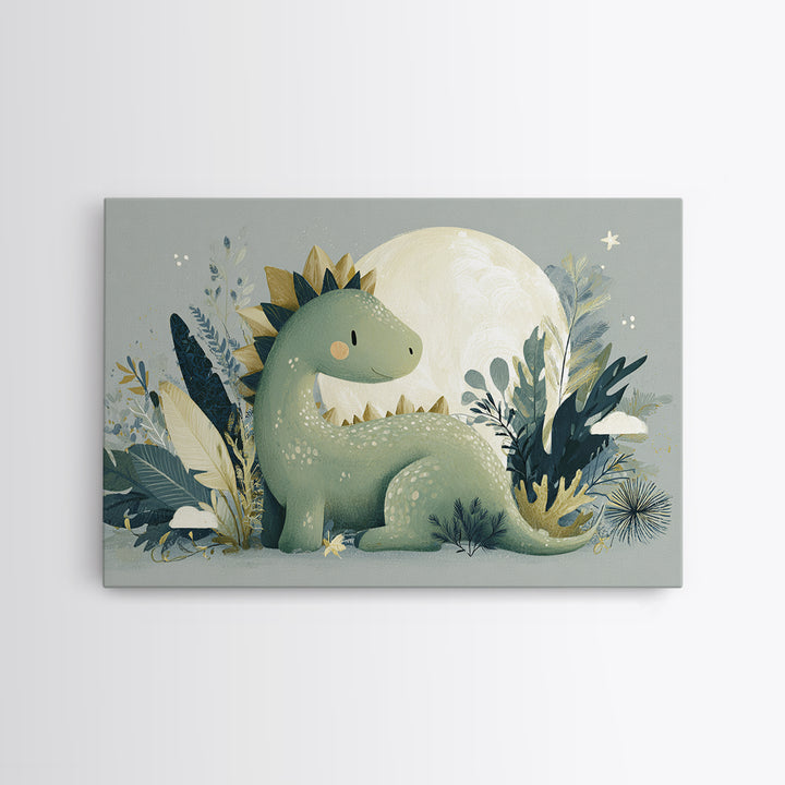 Gentle Dinosaur Family Framed Canvas Print, Nursery Decor, Nursery Wall Art, Oil Painting, Nursery, Botanical Wall Art, NDE-3x2-59