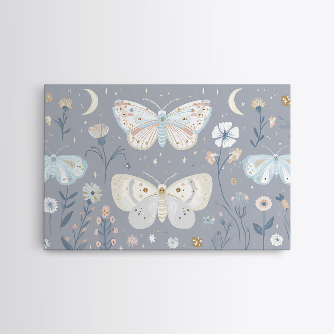 Pastel Butterfly and Wildflower Pattern Canvas Print, Nursery Decor, Minimalist Decor, Oil Painting, Nursery, Wall Decals, NDE-3x2-68