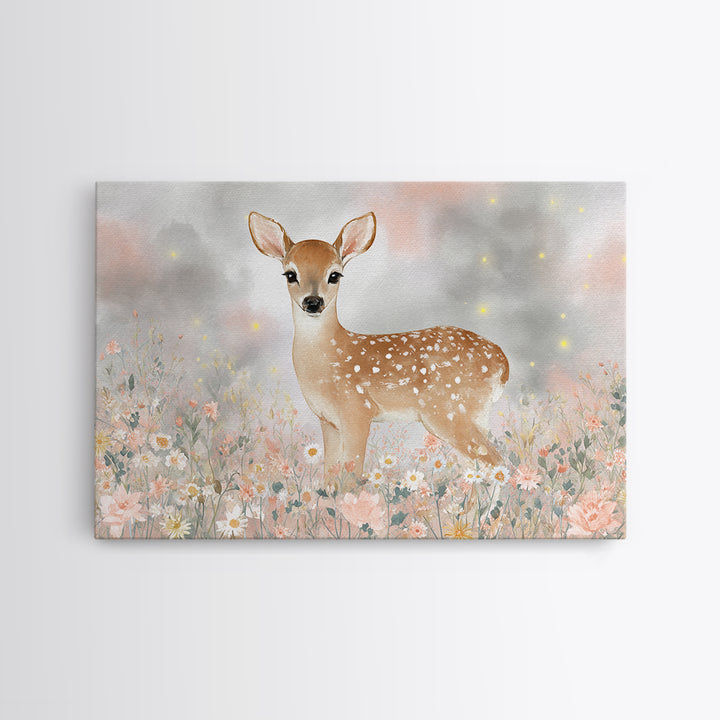 Baby Deer in Meadow with Fireflies Framed Canvas Print, Nursery Decor, Floral Wallpaper, Fine Art, Nursery, Fine Art Print, NDE-3x2-74