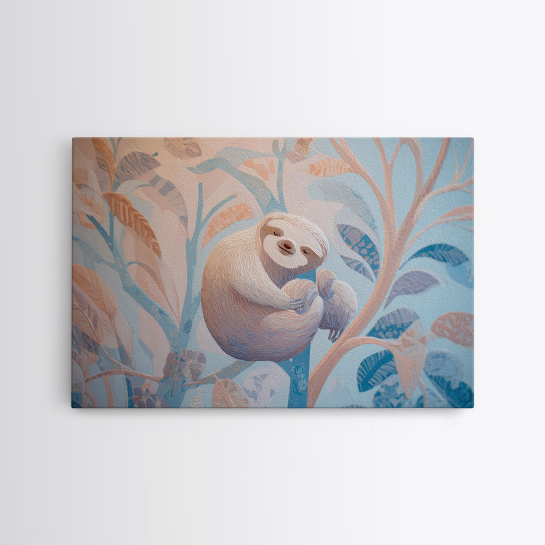 Sleepy Sloth Hanging from Branch Framed Canvas Print, Nursery Decor, Nursery Wall Decal, Watercolor Art, Nursery, NDE-3x2-82