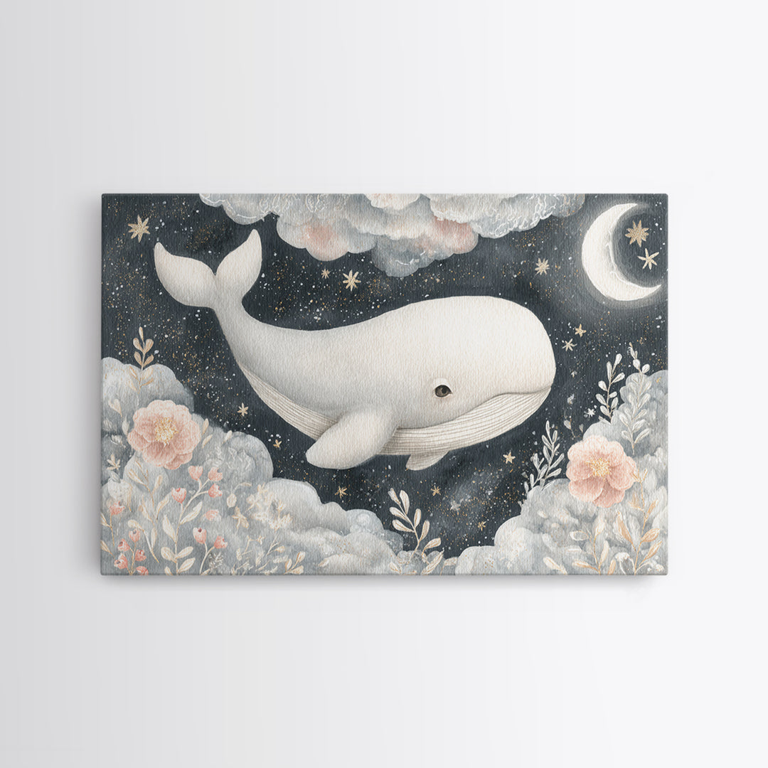 Baby Whale Swimming Through Stars Canvas Print, Nursery Decor, Wall Decor, Fine Art, Nursery, Woodland Nursery Decor, NDE-3x2-84