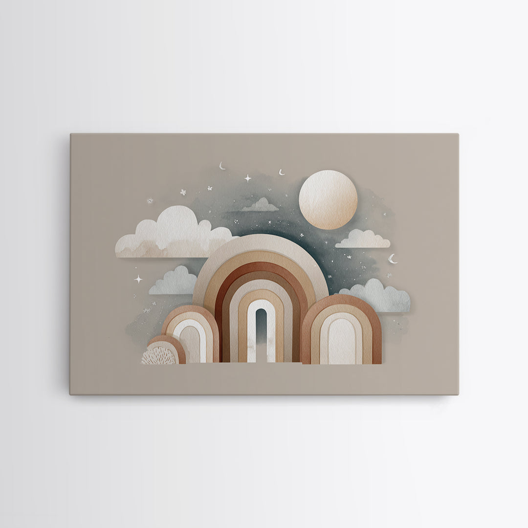 Neutral Boho Sun and Arch Shapes Framed Canvas Print, Nursery Decor, Wall Decor, Fine Art, Nursery, Woodland Nursery Decor, NDE-3x2-87
