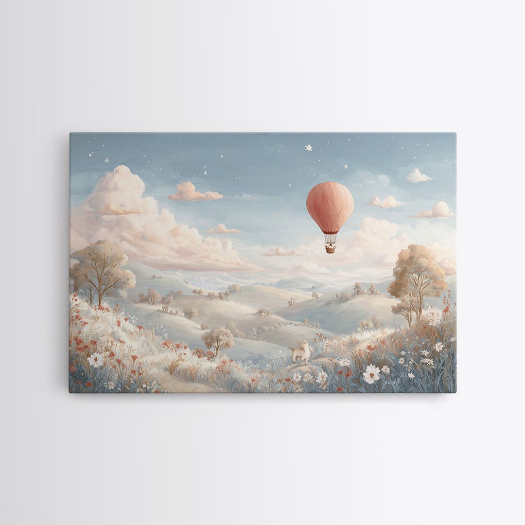 Hot Air Balloon Drifting Canvas Print, Nursery Decor, Art Print, Fine Art, Nursery, Woodland Nursery Decor, Nursery Prints, NDE-3x2-88