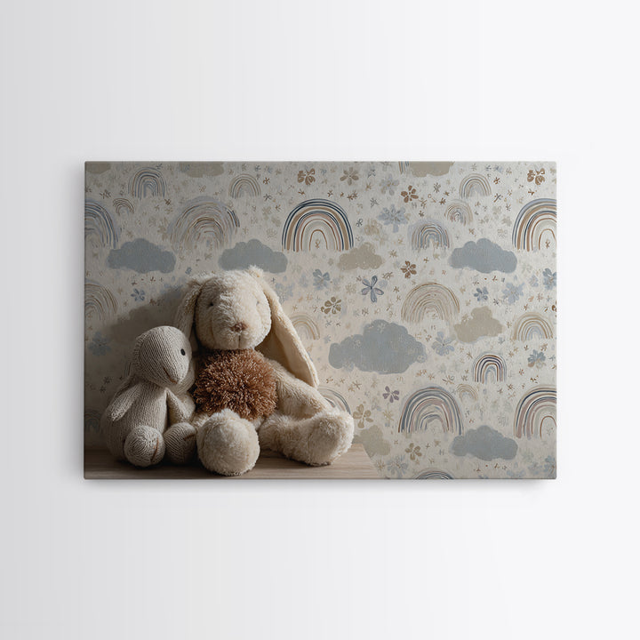 Cloud Rainbow and Raindrop Composition Framed Canvas Print, Nursery Decor, Canvas, Fine Art, Nursery, Playroom Decor, NDE-3x2-96