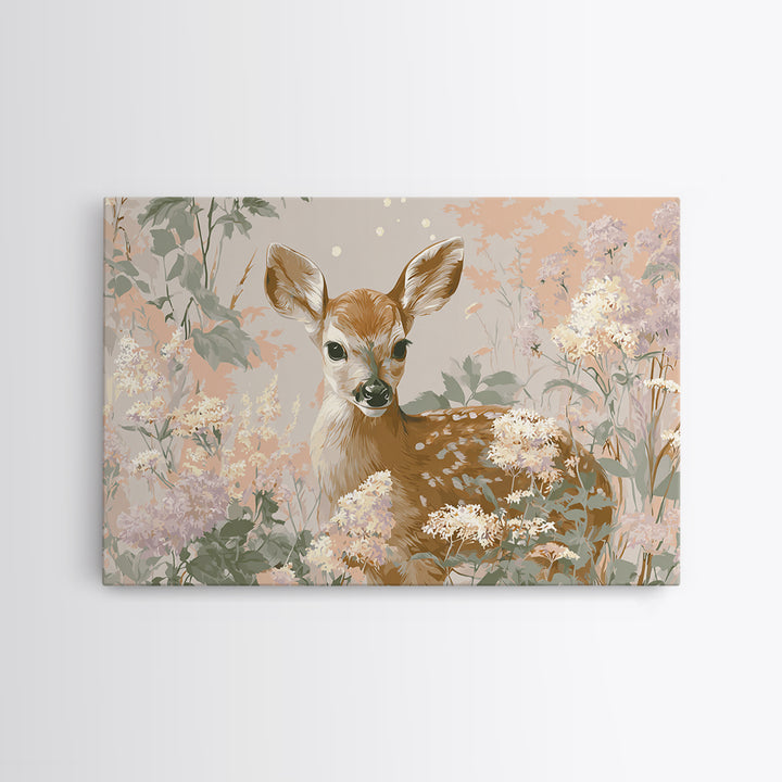 Baby Deer in Meadow with Fireflies Canvas Print, Nursery Decor, Nursery Wall Decals, Oil Painting, Nursery, Textured Painting, NDE-3x2-98