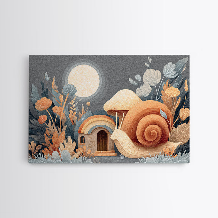 Garden Snail with Mushroom House Framed Canvas Print, Nursery Decor, Nursery, Fine Art, Nursery, Baby Girl Nursery Decor, NDE-3x2-99