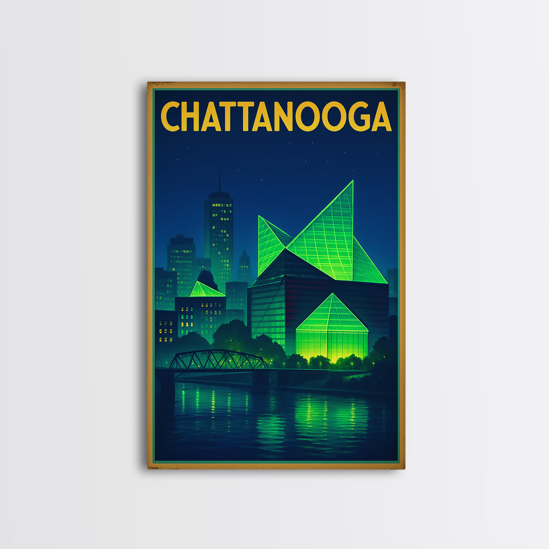 Chattanooga Travel Poster, Framed Canvas Print, Retro Neon Travel Art, Chattanooga City Art, Travel Wall Art, City Illustration