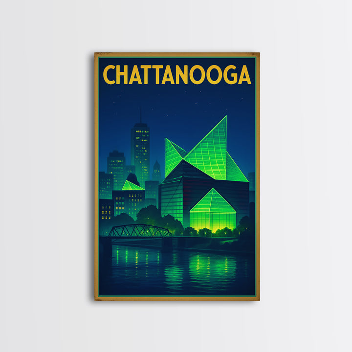 Chattanooga Travel Poster, Framed Canvas Print, Retro Neon Travel Art, Chattanooga City Art, Travel Wall Art, City Illustration
