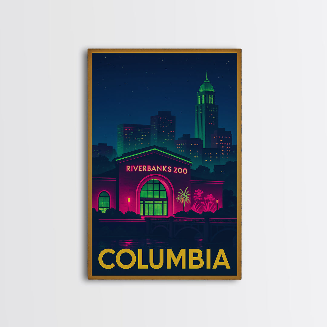 Columbia Travel Poster, Framed Canvas Print, Electric Night Poster Art, Columbia Travel Art, Travel Wall Decor, City Illustration