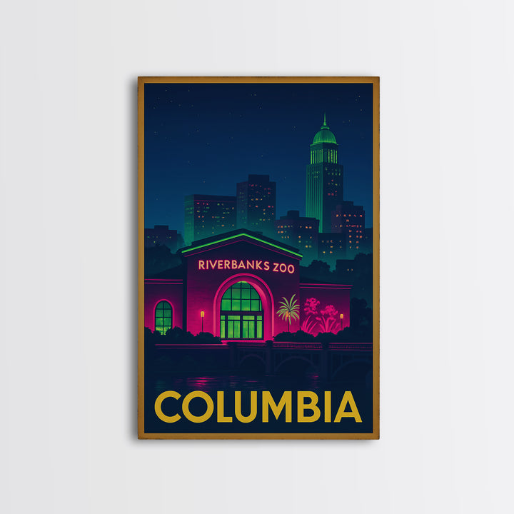 Columbia Travel Poster, Framed Canvas Print, Electric Night Poster Art, Columbia Travel Art, Travel Wall Decor, City Illustration