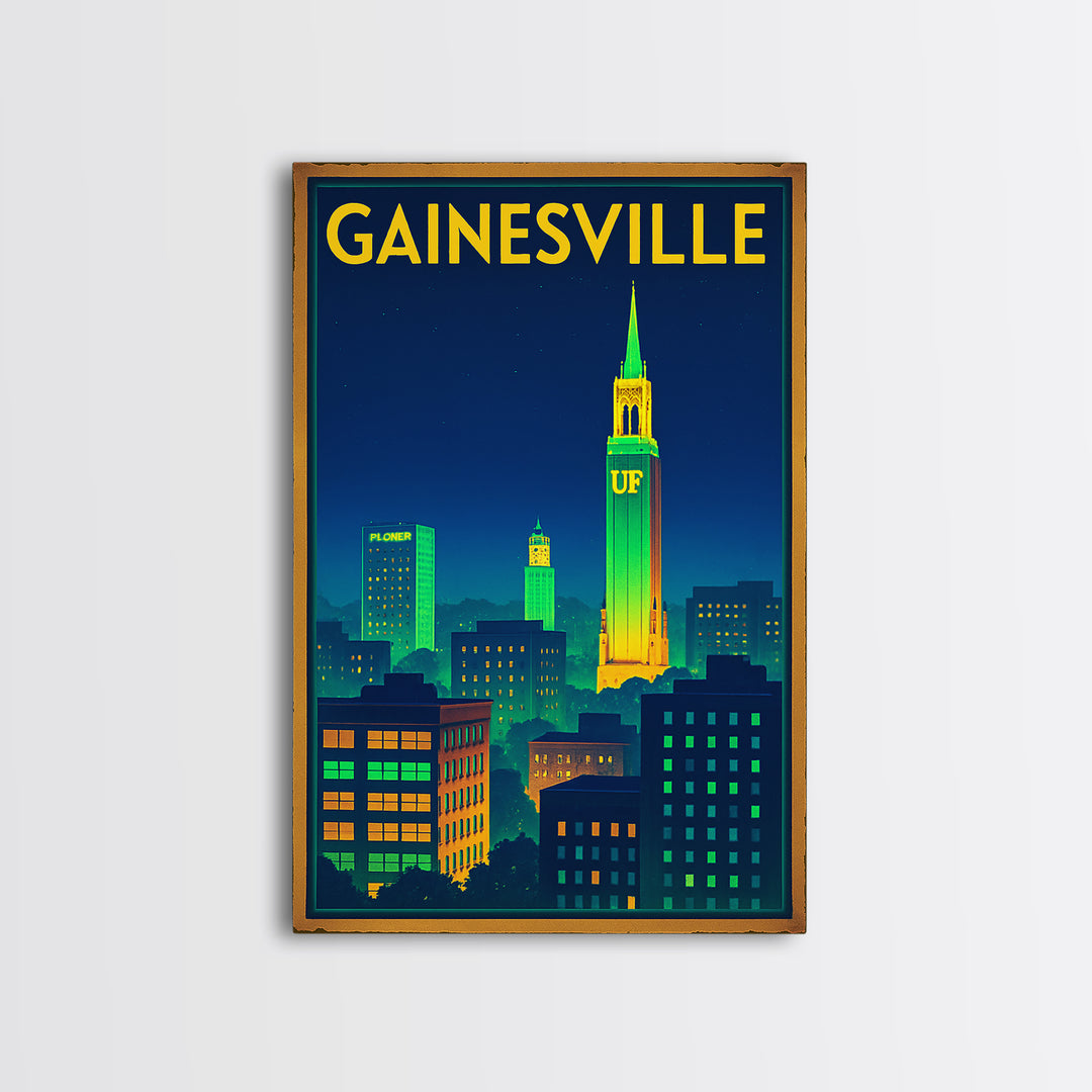 Gainesville Travel Poster, Canvas Print, Electric Night Poster Art, Gainesville Travel Art, Travel Wall Art, Watercolor Urban Skyline