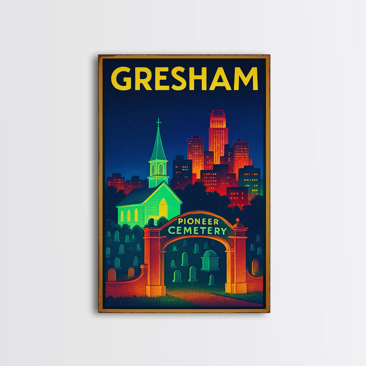 Gresham Travel Poster, Framed Canvas Print, Electric Night Poster Art, Gresham Poster Print, Vintage City Art, City Art Print, Design 2
