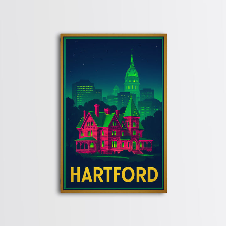 Hartford Connecticut Travel Poster, Canvas Print, Neon City Skyline Wall Art, Hartford Art Print, Wall Decor, Travel Art, Travel Print