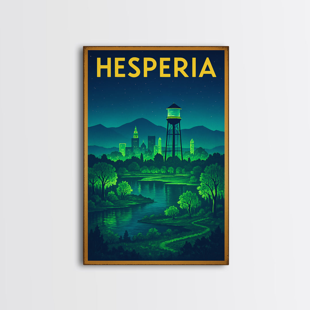 Hesperia Travel Poster, Framed Canvas Print, Electric Night Poster Art, Hesperia Travel Art, Vintage Travel Art, Living Room Wall Art
