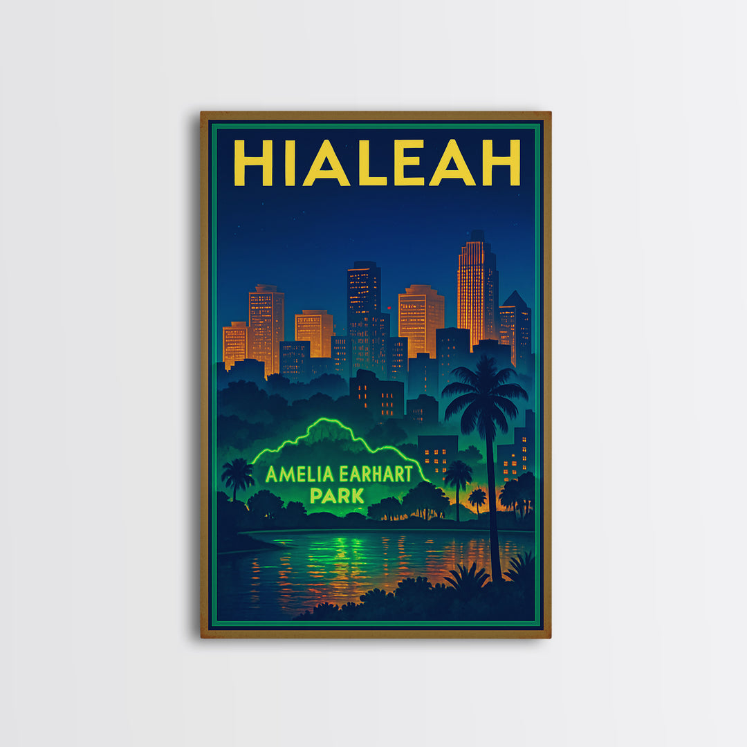Hialeah Travel Poster, Canvas Print, Retro Neon Travel Art, Hialeah Wall Art, Wall Art, Watercolor Urban Skyline, Travel Art Print