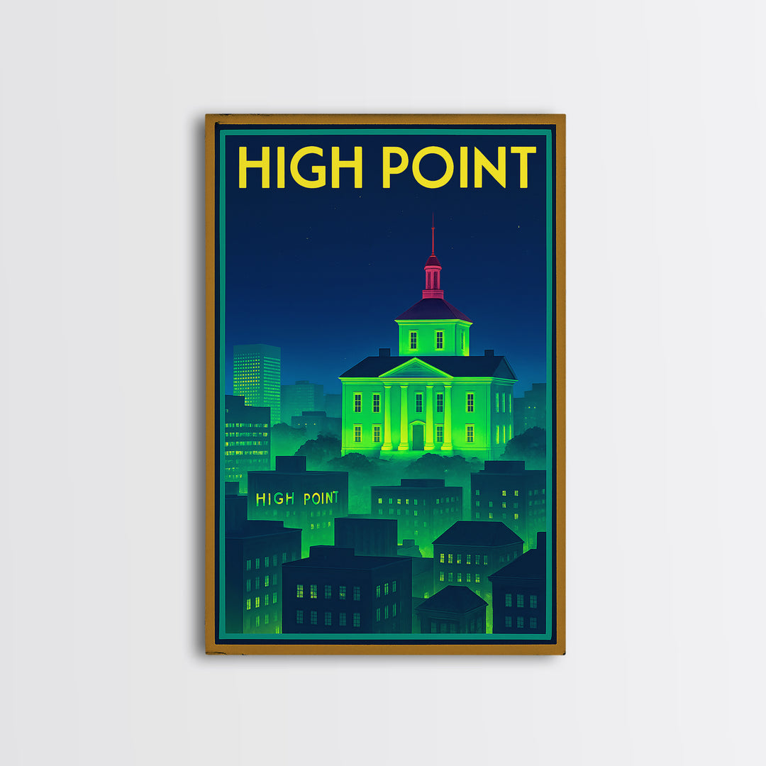 High Point Travel Poster, Framed Canvas Print, Cyberpunk Style City Art, High Point City Art, Vintage City Poster, Vintage Travel Art