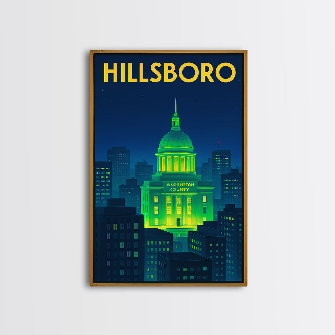 Hillsboro Travel Poster, Framed Canvas Print, Cyberpunk Style City Art, Hillsboro Travel Art, Vintage Travel Art, Fine Art Print