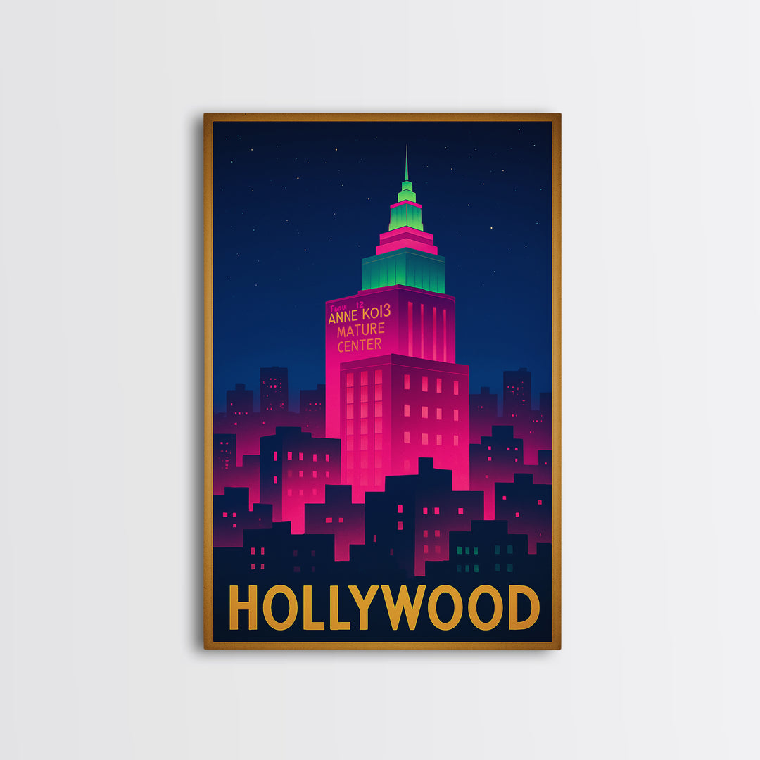Hollywood Florida Travel Poster, Framed Canvas Print, Cyberpunk Style City Art, Hollywood Wall Art, Eclectic Wall Decor, Fine Art Print
