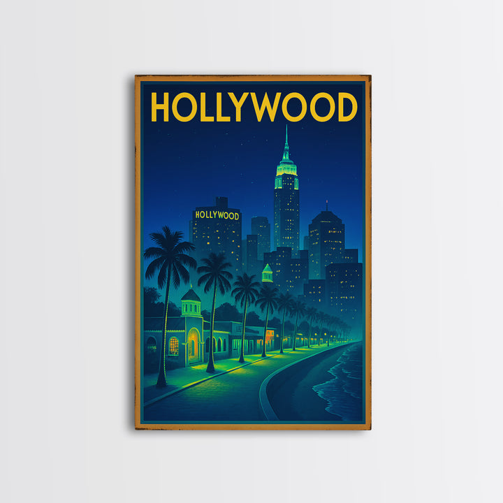 Hollywood Travel Poster, Canvas Print, Retro Neon Travel Art, Hollywood City Art, Travel Wall Art, Travel Wall Decor, City Art Print