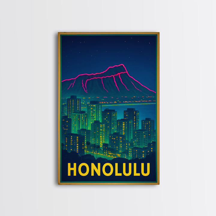 Honolulu Hawaii Travel Poster, Framed Canvas Print, Retro Neon Travel Art, Honolulu City Art, Living Room Wall Art, City Illustration