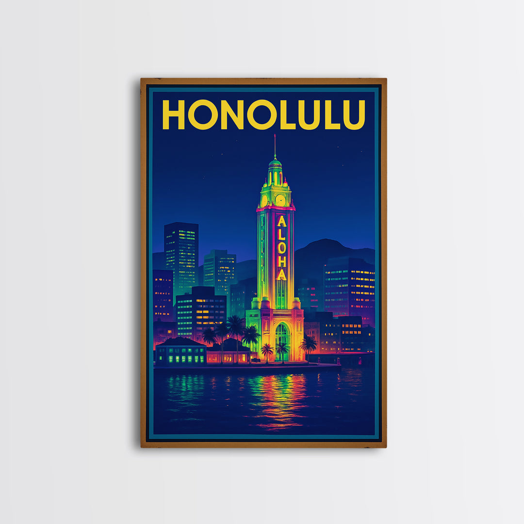 Honolulu Travel Poster, Framed Canvas Print, Neon Cityscape Wall Art, Honolulu Wall Art, City Illustration, Vintage City Art, Art Print