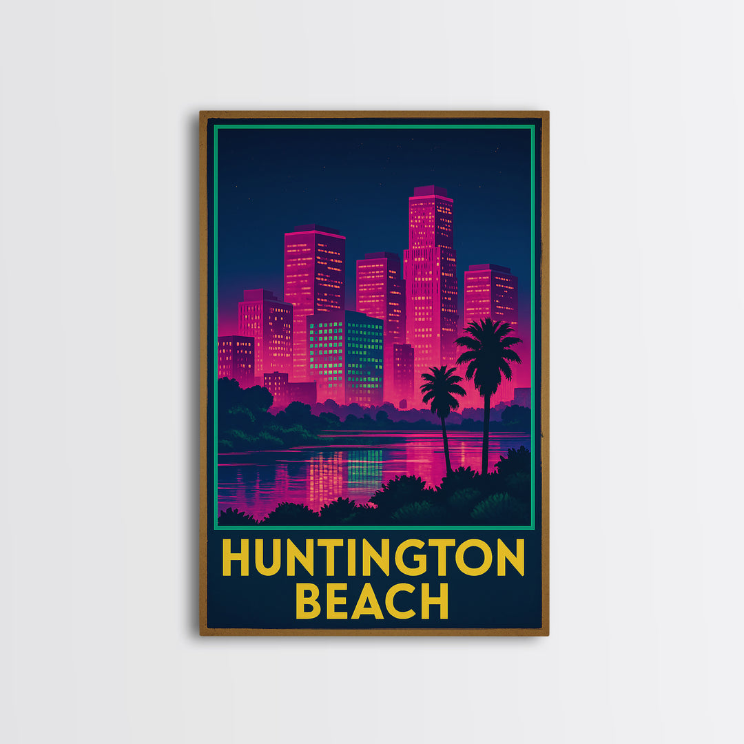Huntington Beach California Travel Poster, Canvas Print, Electric Night Poster Art, Huntington Beach Travel Art, Office Decor