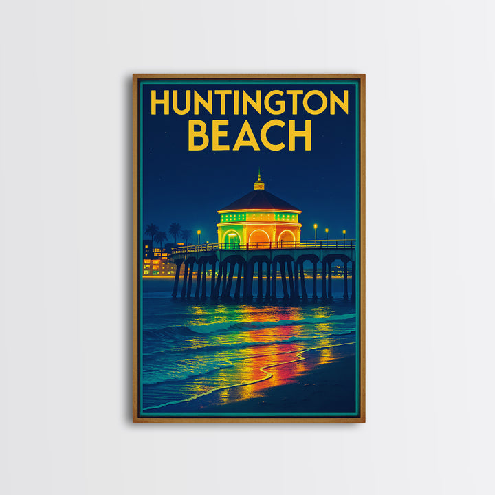 Huntington Beach Travel Poster, Framed Canvas Print, Neon City Skyline Wall Art, Huntington Beach Art Print, Vintage City Poster, Design 2