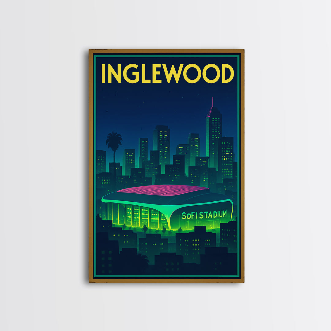 Inglewood Travel Poster, Framed Canvas Print, Cyberpunk Style City Art, Inglewood Travel Art, Vintage City Poster, Vintage Travel Art