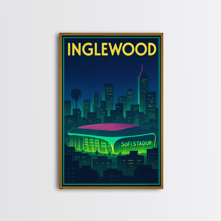 Inglewood Travel Poster, Framed Canvas Print, Cyberpunk Style City Art, Inglewood Travel Art, Vintage City Poster, Vintage Travel Art