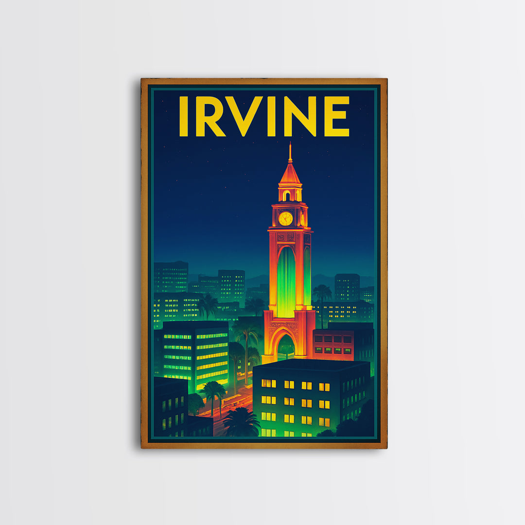 Irvine Travel Poster, Canvas Print, Retro Neon Travel Art, Irvine Art Print, Mid Century Wall Art, Vintage City Poster, Living Room Wall Art