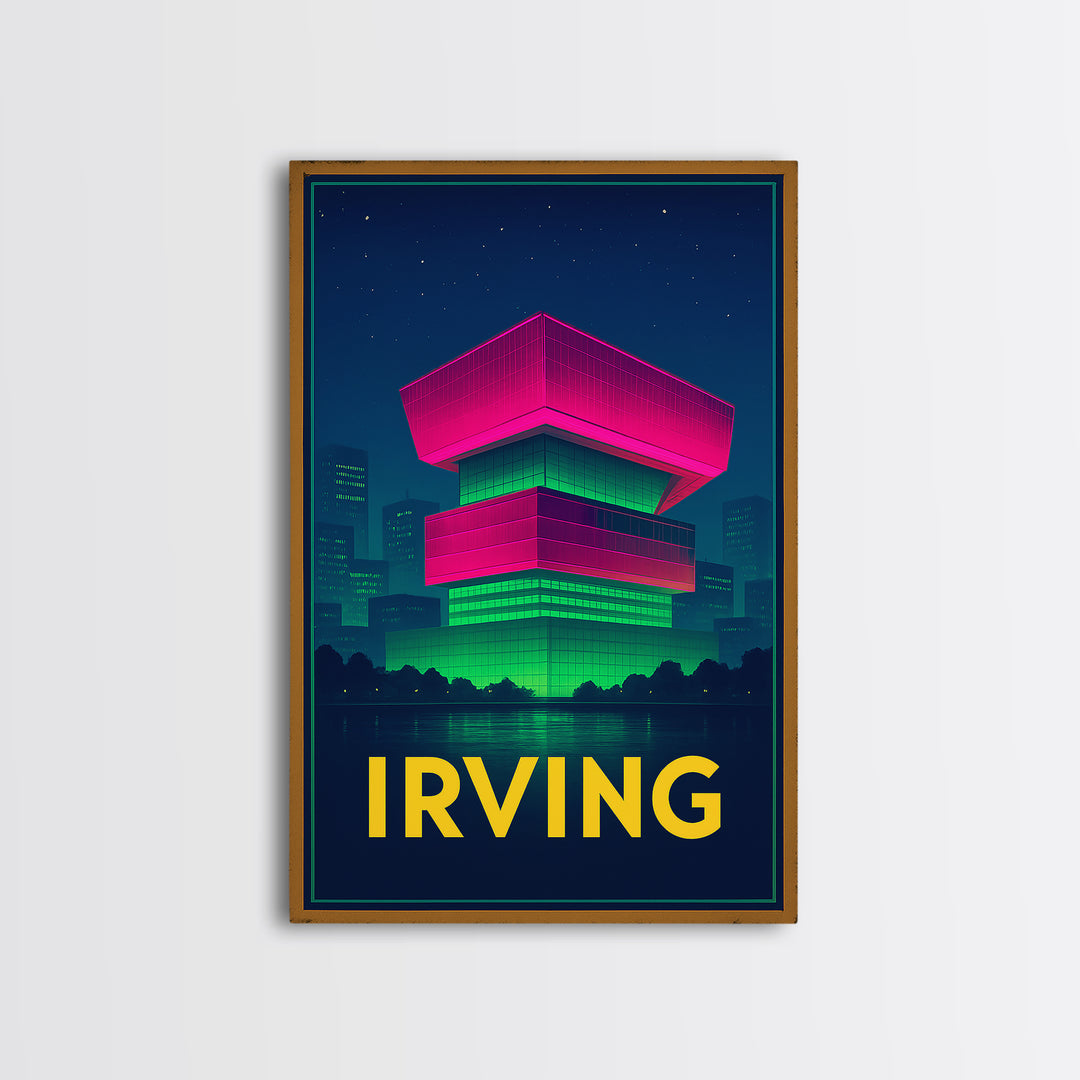 Irving Texas Travel Poster, Framed Canvas Print, Cyberpunk Style City Art, Irving Poster Print, Watercolor Skyline Art, Travel Art Print